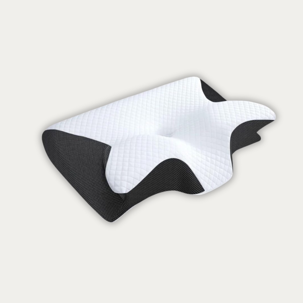 Un oreiller orthopédique cervical blanc ergonomique avec rebords latéraux et zones de soutien en mousse mémoire de forme pour maintenir la nuque sur fond blanc