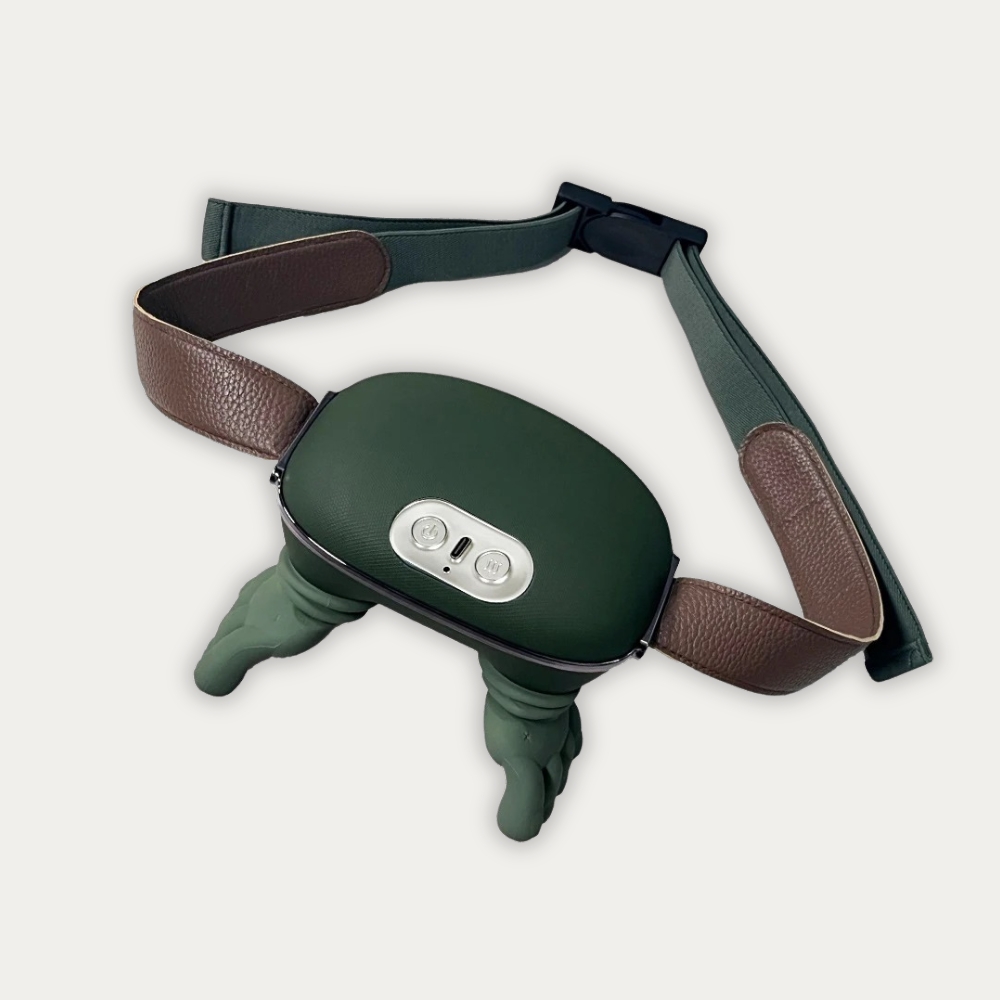 Un Masseur cervical ergonomique 4D sans fil pour nuque et épaules vert avec une sangle réglable et des embouts de massage, posé sur un fond blanc.